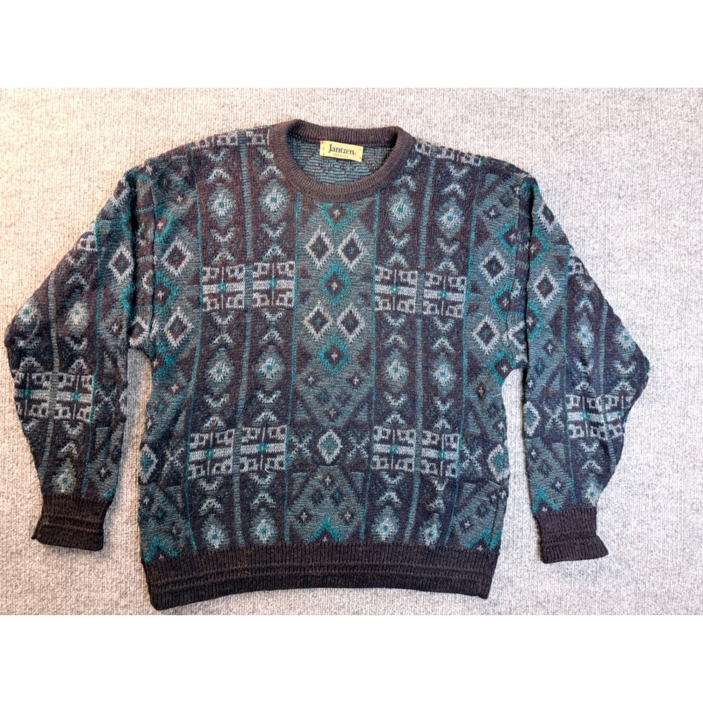 Vintage Jantzen Sweater Mens Large Blue Geometric Knit Crewneck USA Made Y2K 90s